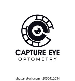 Capture Eye Optometry Logo, Vector Abstract Eyeball Combine With Movie Cliche