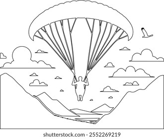 Captura la libertad y la emoción de la aventura con un elegante diseño de Vector artístico de un parapente que se eleva por el vasto cielo, enmarcado por nubes minimalistas y vientos abrasadores.