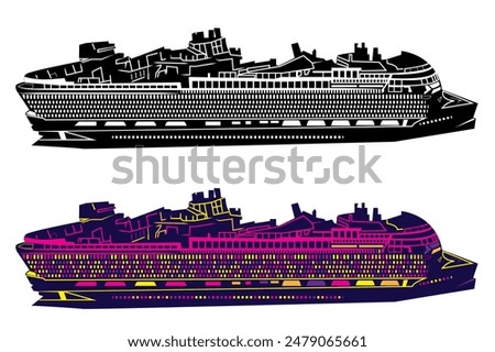 Capture the grandeur of the world's largest cruise ship with our detailed vector silhouette, perfect for travel brochures, posters, and digital designs