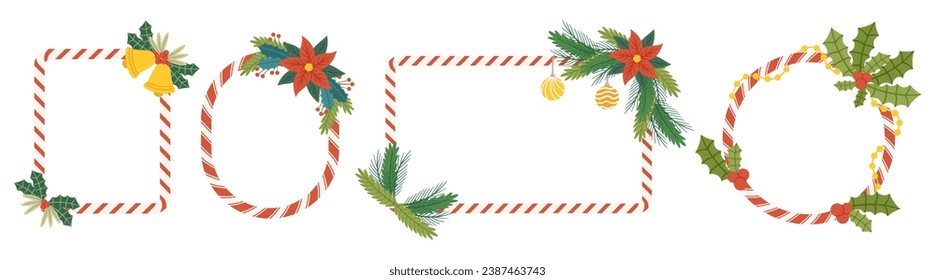 Capture The Holiday Spirit In Style With Our Festive Frames Collection, Round, Rectangular and Square Striped Borders Add A Touch Of Yuletide Joy To Photos And Memories. Cartoon Vector Illustration