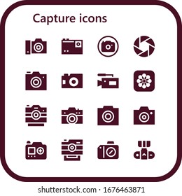 capture icon set. 16 filled capture icons. Included Camera, Photo camera, Photos, Photo icons