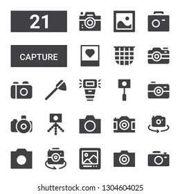 capture icon set. Collection of 21 filled capture icons included Camera, Digital picture frame, Photo camera, Camera flash, Net, Photo