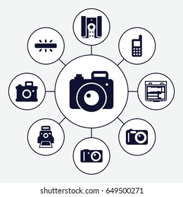 Capture icons set. set of 9 capture filled icons such as phone, camera