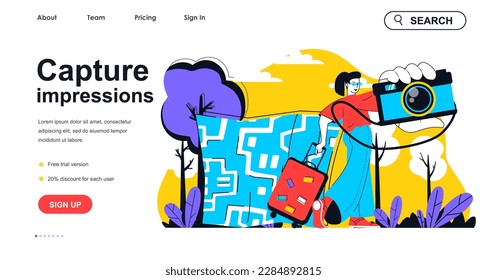 Capture impressions concept for landing page template. Woman travelling with photo camera and making images from vacation people scene. Vector illustration with flat character design for web banner