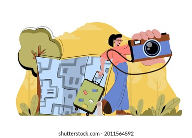 Capture impressions concept. Woman with photo camera going on vacation situation. Memorable moments from travel people scene. Vector illustration with flat character design for website and mobile site