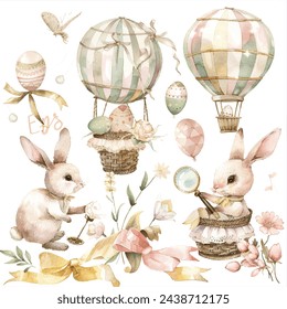 Capture the joy and charm of Easter with this delightful watercolor clipart set titled 'Happy Easter Bunny.' This set features a whimsical scene filled with pastel-colored bunnies, eggs, balloons