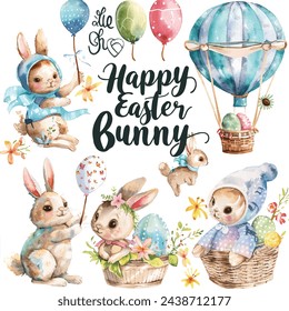 Capture the joy and charm of Easter with this delightful watercolor clipart set titled 'Happy Easter Bunny.' This set features a whimsical scene filled with pastel-colored bunnies, eggs, balloons