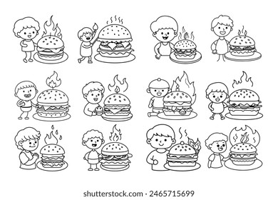 Capture the joy of a cute boy enjoying a juicy hamburger on a plate. Perfect for illustrating food happiness and childhood memories.