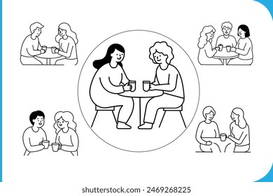 Capture the joy of friendship with this cheerful illustration of friends chatting and laughing in a café or park setting. Perfect for celebrating camaraderie.