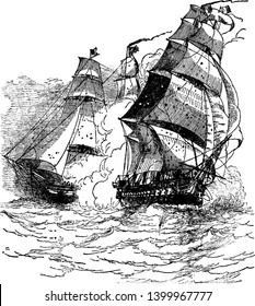 Capture of La Vengeance by Constellation was victorious after a five hour battle, vintage line drawing or engraving illustration.