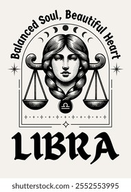 Capture Libra's harmonious and compassionate energy with this charming design. Design vector illustration for T-shirts, mugs, typography, poster and more. Zodiac characteristic.