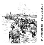 The Capture of Manila waged war with the Spaniards and Filipinos in the Spanish American War and the Philippine American War, vintage line drawing or engraving illustration.