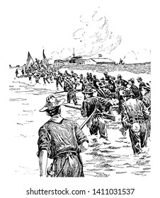 The Capture of Manila waged war with the Spaniards and Filipinos in the Spanish American War and the Philippine American War, vintage line drawing or engraving illustration.