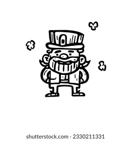 Capture the mischievous spirit of St. Patrick's Day with this black and white doodle of a leprechaun in a traditional hat. Vector illustration.