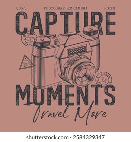 Capture the Moment quote slogan typography with old 90s photo camera illustration for t-shirt design, Retro camera vector illustration, Vintage camera with a motivational phrase, apparel, print, art