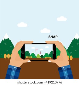 Capture the moment from smartphone on vacation time.
Taking a photo from horizontal mobile phone.
Mountain flat illustration view.