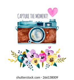 Capture the moment! Vintage watercolor camera with flowers and heart. Hand drawn vector illustration.