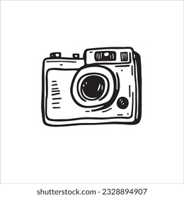 Capture moments of nostalgia with this black and white doodled photo camera. Its vintage charm tells stories of memories frozen in time. Vector hand drawn illustration.