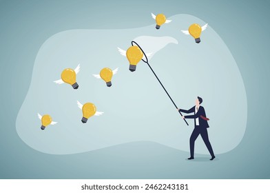 Capture new business ideas, search for innovation or creativity, brainstorm or invent new discovery project concept, smart businessman chasing and catch flying lightbulb ideas with butterfly net.