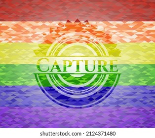 Capture on mosaic background with the colors of the LGBT flag. 