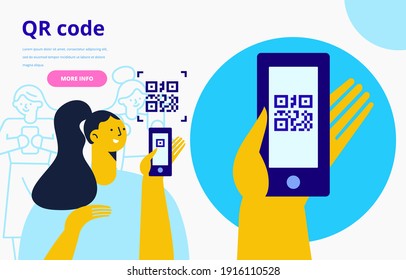 Capture qr code on mobile phone. Hand holding phone with Qr code. Flat vector illustration