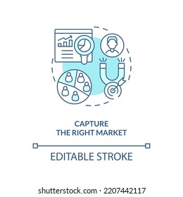 Capture right market turquoise concept icon. Practice of lead conversion abstract idea thin line illustration. Isolated outline drawing. Editable stroke. Arial, Myriad Pro-Bold fonts used