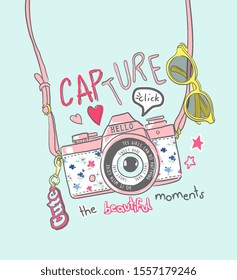 capture slogan with cartoon colorful camera hanging illustration