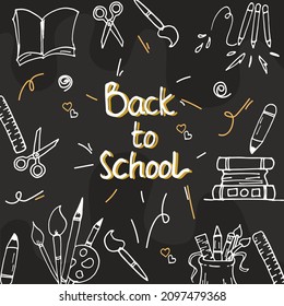 Capture the spirit of 'Back to School' with this hand-drawn lettering illustration. Featuring school essentials like scissors, paintbrush, palette, ruler, pen, and pencil, it's perfect for academic 