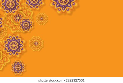 Capture the spirit of joy and prosperity with this vibrant orange traditional Indian festival background illustration. Featuring intricately designed, multi-layered paper cut mandala flowers clustered beautifully along the left border, this horizontal layout offers a wide open space on the right for your custom holiday messages. It serves as an excellent visual asset for creating custom Diwali greeting cards, Deepavali website banners, spiritual event invitations, and festive social media graphics that honor rich cultural traditions.#DiwaliBackground #IndianFestival #MandalaArt #PaperCutDesign #FestiveBanner #DeepavaliCelebration #OrangeBackground #CulturalTradition #GreetingCardTemplate #GraphicIllustration