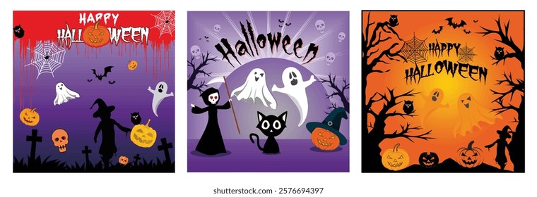 Capture the spooky Halloween theme with ghosts, bats, pumpkins and witch silhouettes in the cemetery. Scary Halloween. Have a merry Halloween. Set flat vector modern illustration