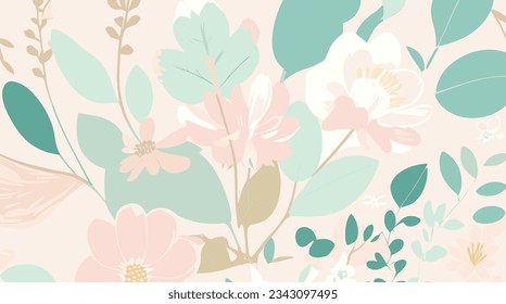 Capture spring's essence with Springtime Pastels vector pattern. Delicate flowers, leaves on light background. Perfect for crafts, prints, more. Editable, Customizable.