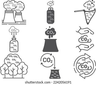 Capture and storage CO2 icon set, CO2 recycling icon set black vector