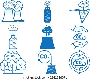 Capture and storage CO2 icon set, CO2 gas capture icon set blue vector