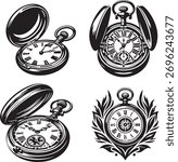 Capture timeless elegance with these antique pocket watch illustrations. Ideal for vintage designs, adding a touch of history and sophistication to any creative project.