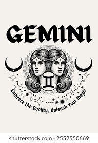 Capture the versatile and dynamic nature of Gemini with this magical design and quote. Design vector illustration for T-shirts, mugs, typography, poster and more. Zodiac characteristic.