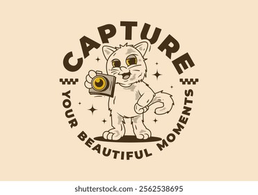 Capture your beautiful moment. Vintage mascot character of a standing cat holding a a pocket camera