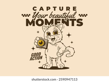 Capture your beautiful moment. Vintage mascot character of a standing cat holding a a pocket camera