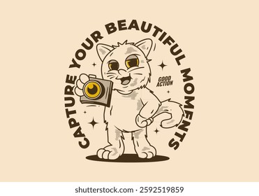 Capture your beautiful moment. Vintage mascot character of a standing cat holding a a pocket camera