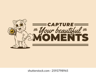 Capture your beautiful moment. Vintage mascot character of a standing cat holding a a pocket camera