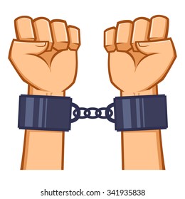 Captured hand chained in iron handcuff, vector illustration