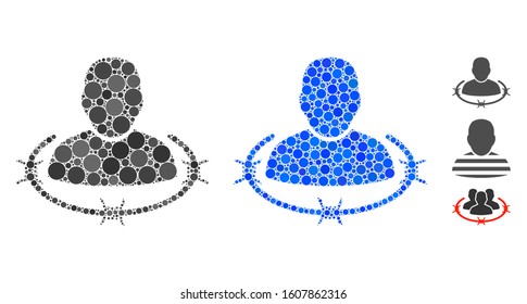 Captured man composition of round dots in various sizes and color tinges, based on captured man icon. Vector round dots are combined into blue illustration.