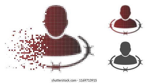 Captured man icon in dispersed, dotted halftone and undamaged entire variants. Cells are combined into vector disappearing captured man figure.