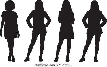 Capturadas en su silueta, cuatro mujeres jóvenes distintas hacen poses confiadas; una apoya sus manos en sus caderas, mientras que otra cruza sus brazos casualmente, contra un fondo transparente.