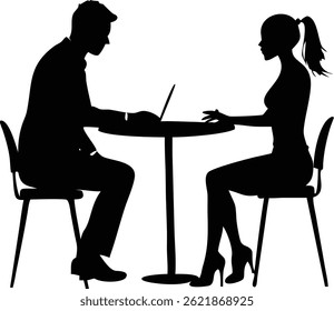 Captured in silhouette, a man and a woman sit across from each other at a table, each engrossed in their laptops.