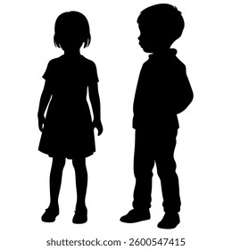 Captured in silhouette, two children, a girl in a dress and a boy in a shirt and trousers, stand separately against a white background.