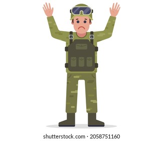 a captured soldier raises his hands and surrenders. Flat character vector illustration.