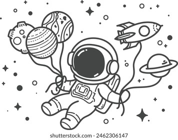 Capturado en un atemporal boceto en blanco y negro, un astronauta emprende un emocionante viaje a bordo de un Pequeño cohete. Página para colorear para niños. Ilustración vectorial de dibujo a mano en contorno negro.