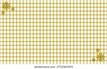 Captura un fondo de cuadros dorados o gingham con líneas que se cruzan formando cuadrados, resaltados por estallidos estelares decorativos en las esquinas superior izquierda e inferior derecha para mejorar el atractivo.