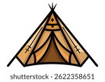 Captures a Native American tipi in earthy tones, delineated by bold black lines. Structure is viewed from its broad side, creating balanced visual. Made with transparency.