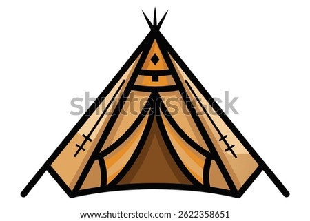 Captures a Native American tipi in earthy tones, delineated by bold black lines. Structure is viewed from its broad side, creating balanced visual. Made with transparency.